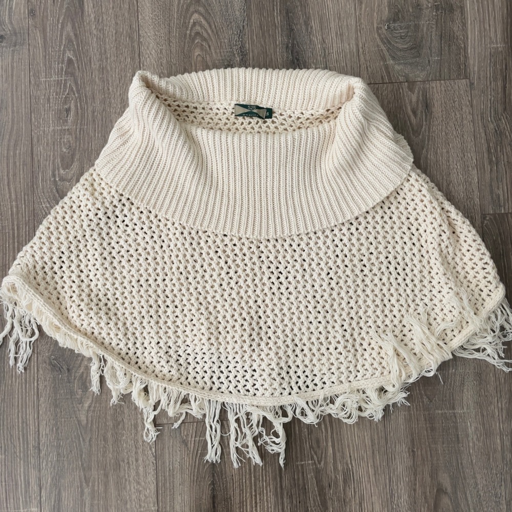525 America Womens Cream Crochet Knit Fringe Poncho Cowl Neck One Size OS
